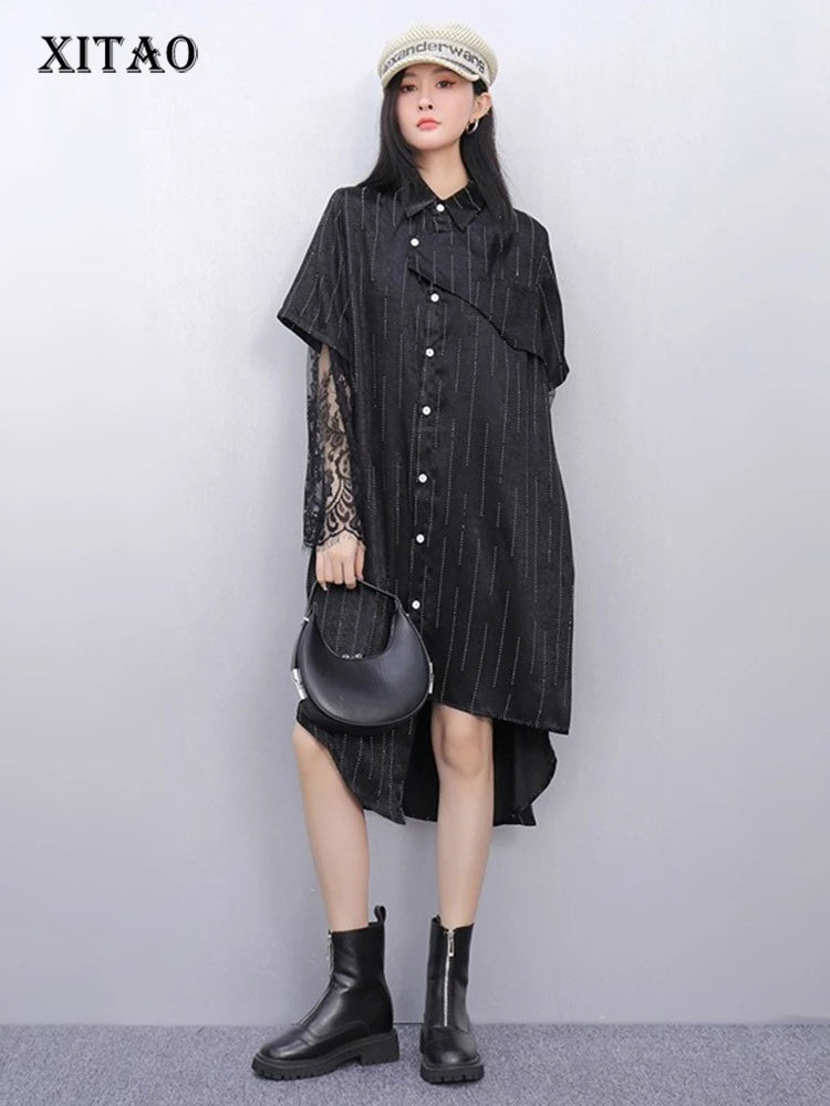 XITAO Irregular Patchwork Mesh Single Breasted Dress Loose Fitting Thin Fashion Stripe Pocket Lapel Summer Female Dress ZMY1346