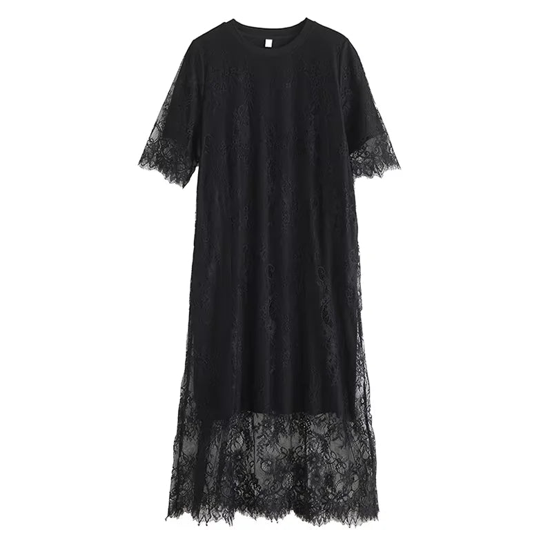 XITAO Lace O-neck Half Sleeve Dress Casual Loose Fitting Elegant Comfortable Slimming Summer Fashion Women Dress ZMY1207