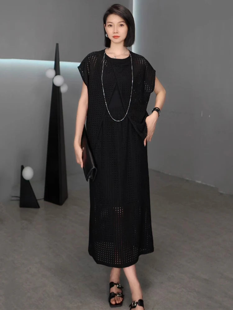 XITAO Irregular Pocket Sleeveless Sets Two-piece Hollow Out O-neck Loose Pullover Elastic Waist Simple Woman Sets ZMY1269