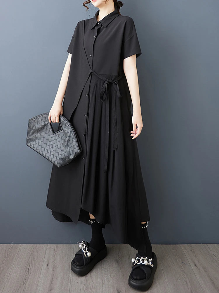 XITAO Irregular Solid Color Pleated Dress Drawstring Turn-down Collar Short Sleeve Slimming All-match Temperament Dress ZY8943