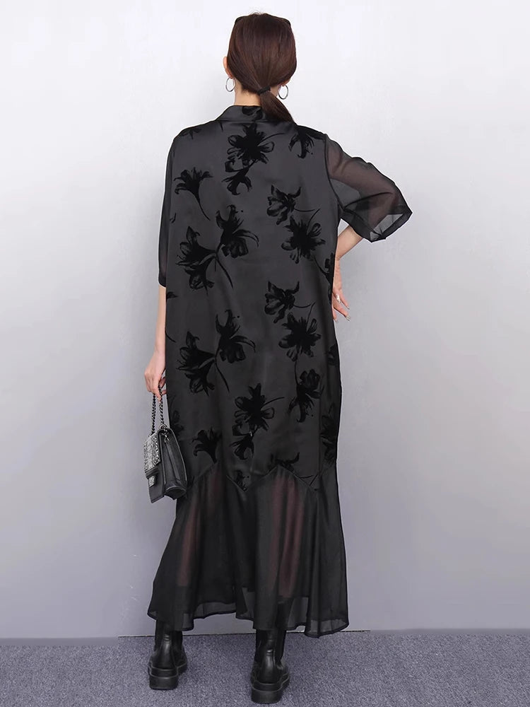 XITAO Patchwork Print Dress Gauze Loose Half Sleeve Elegant Single Breasted Temperament Vintage Summer Woman Dress ZMY1282