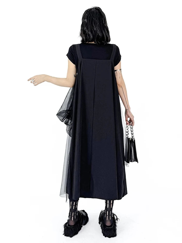 XITAO Gauze Patchwork Asymmetrical Dress Square Collar Solid Color Loose Slimming Sleeve Spaghetti Strap Casual Dress ZMY1306