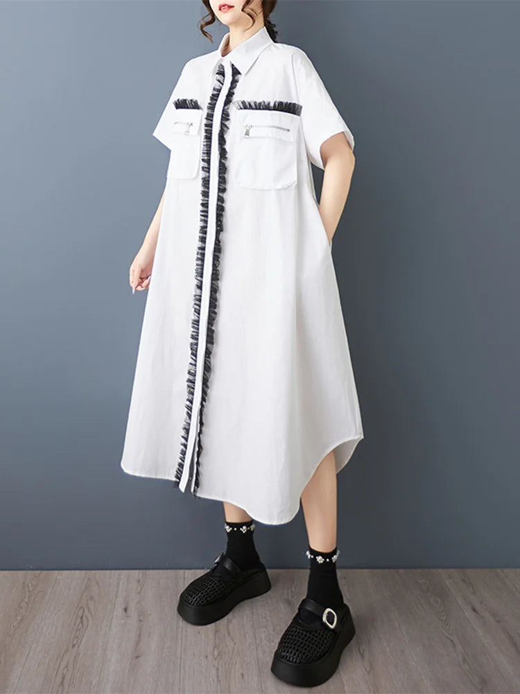 XITAO Zipper Pocket Patchwork Gauze Dress Contrast Color Turn-down Collar Short Sleeve Temperament Female Shirt Dress ZMY1354