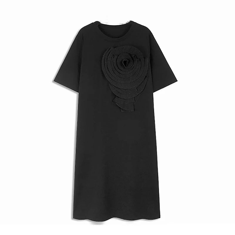 XITAO Three-dimensional Decoration Dresses Solid Color O-neck Pullover Floral Side Split Mid-calf Casual Dress Summer ZY8688