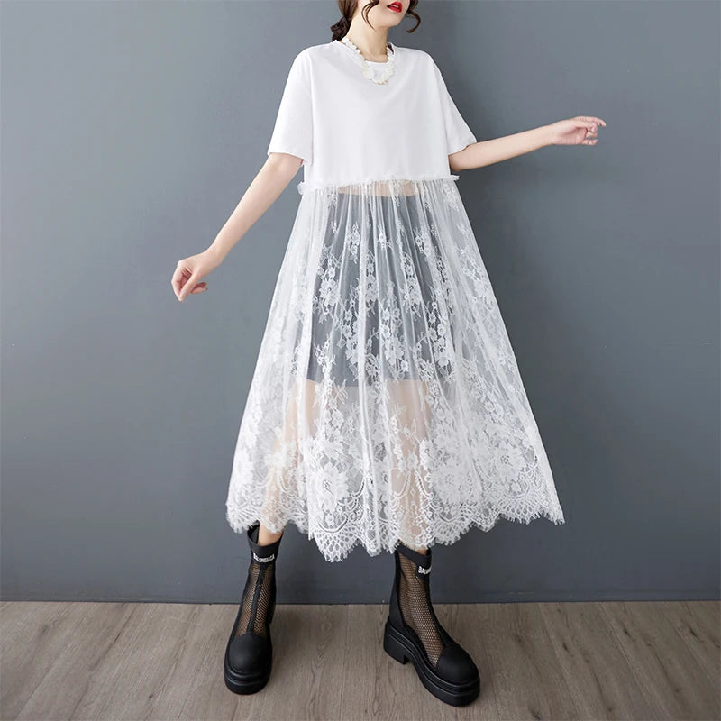 XITAO Patchwork Lace Short Sleeve Dress O-neck Casual Loose Fitting A-line Solid Color Pullover Summer Women Dress ZMY1214