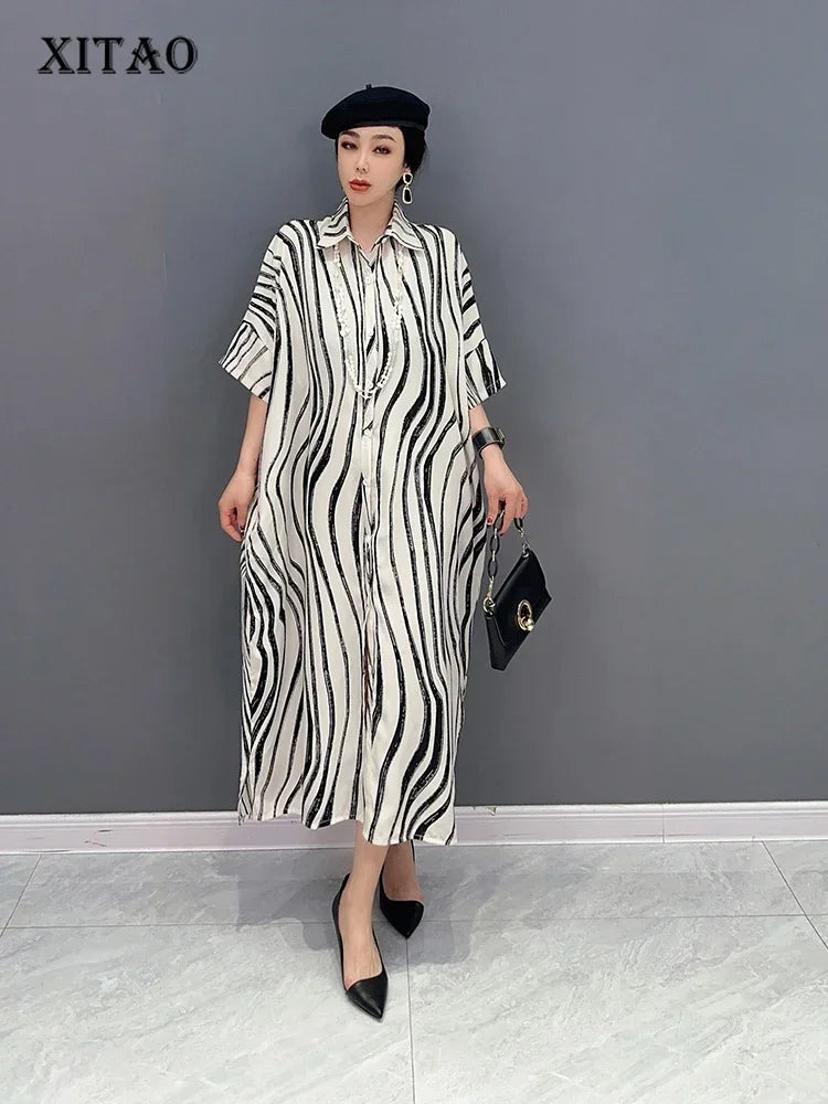 XITAO Striped Patchwork Single Breasted Dress Turn-down Collar Loose 2024 Summer New Arrival Casual Fashion All Match SMH1508