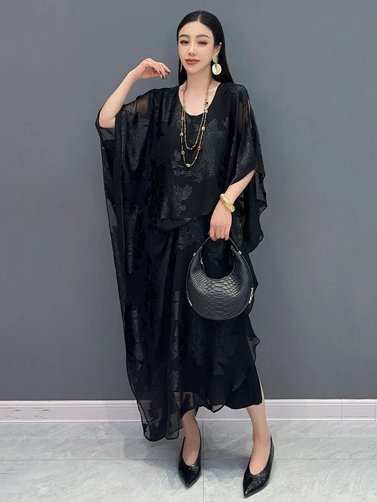 XITAO Jacquard Asymmetrical Folds Pullover Dress Solid Color O-neck Loose Temperament All Match Slimming Casual Dress ZMY1178