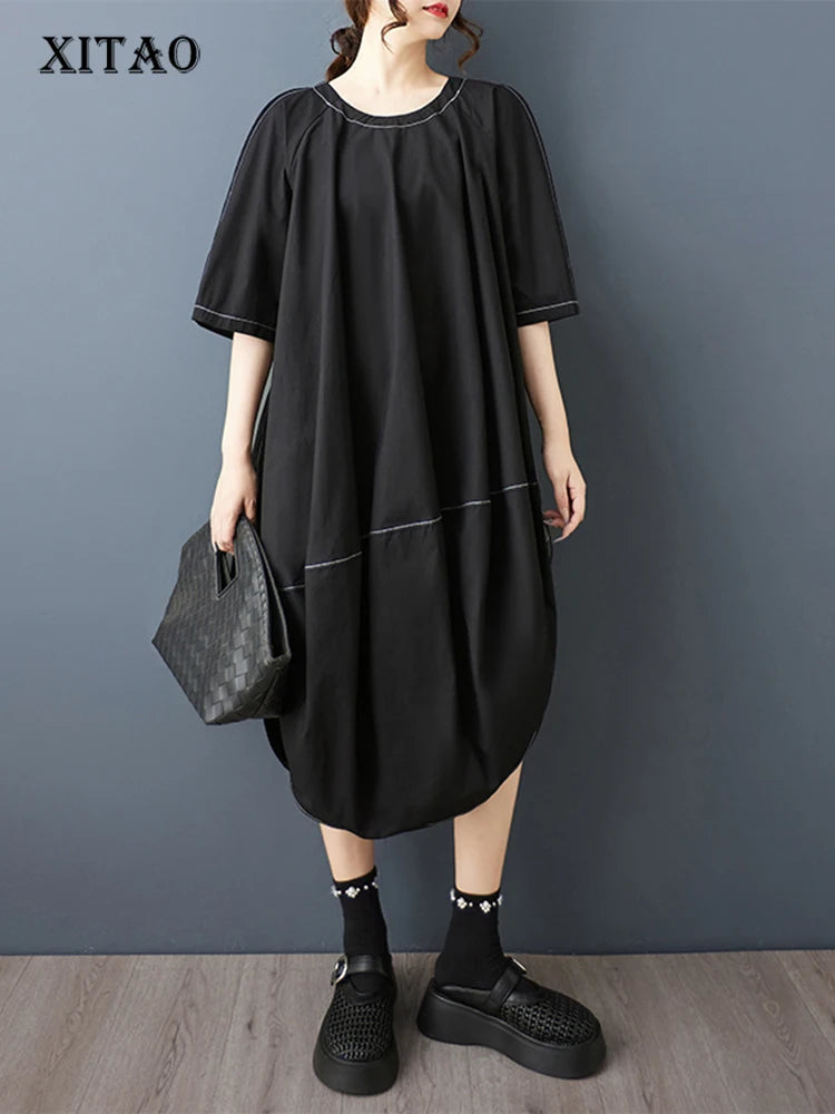 XITAO Irregular O-neck Solid Color Dress Half Sleeve Patchwork Casual New Arrival All-match Summer Woman Slimming Dress ZMY1357