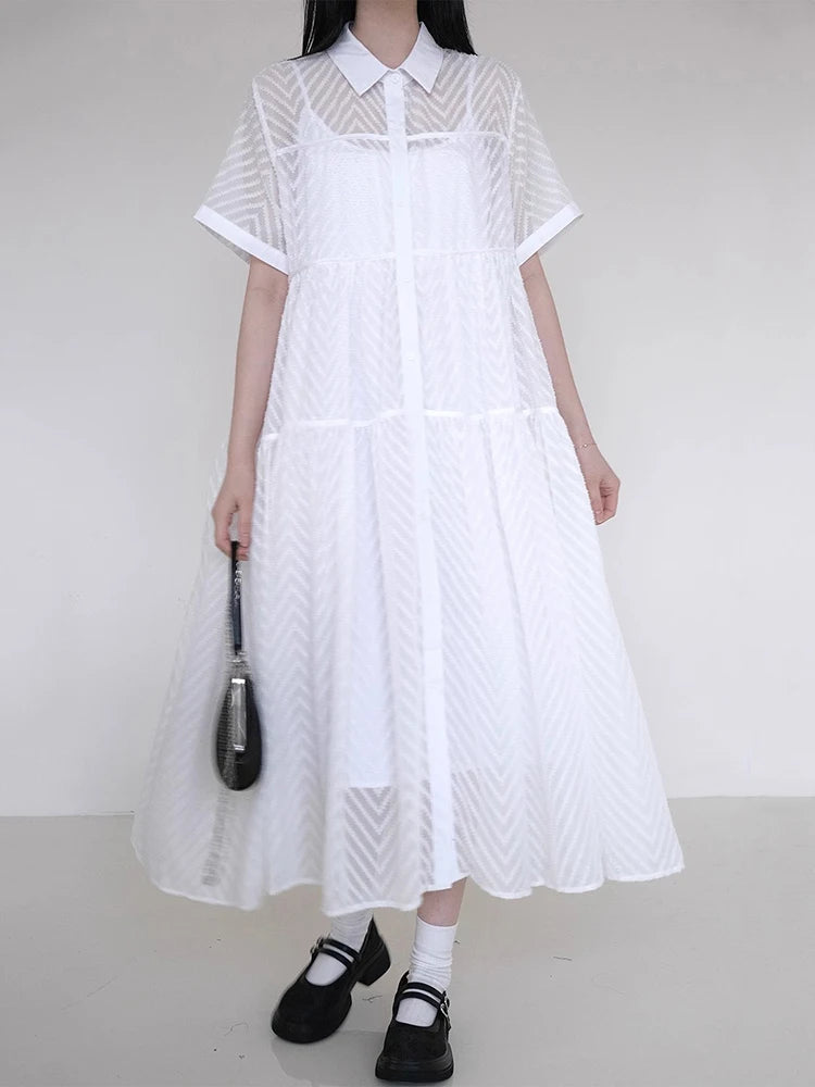 XITAO Loose Solid Color Hollow Out Dress Single Breasted Short Sleeve All-match New Arrival Temperament Woman Dress ZMY1261