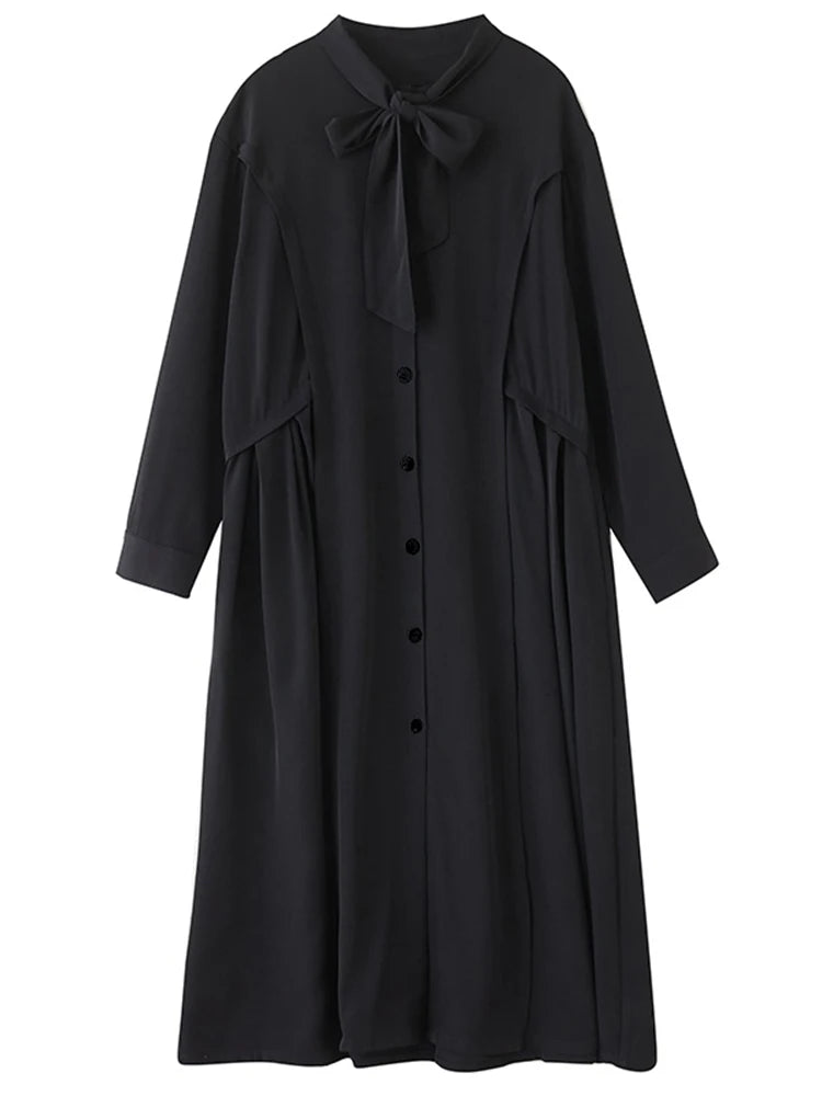 XITAO Drawstring Full Sleeve Vintage Dress Solid Color Single Breasted Loose Pocket Casual All-match Simple Woman Dress ZMY1407