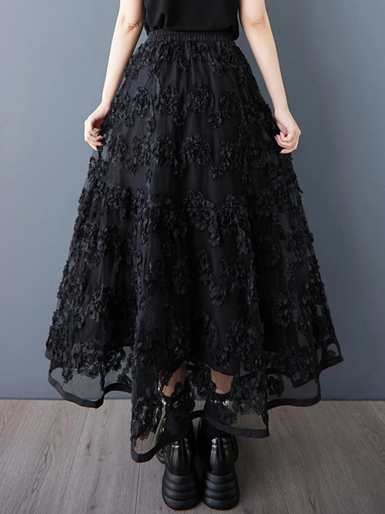 XITAO Mesh Patchwork Elastic Waist Skirt Casual Loose Fitting A-line Loose Fitting Fashion All Match Summer Women Skirt HQQ2471