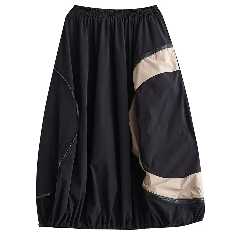 XITAO Contrast Color Patchwork Zipper Skirt Elastic Waist Shirring Loose A-line All Match Slimming Personality Skirt ZMY1180
