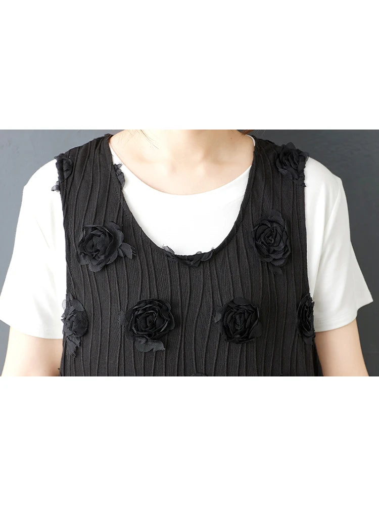 XITAO Pocket Draw String Sleeveless Fenake Dress Three-dimensional Flower Loose O-neck Solid Color Summer Woman Dress ZMY1275
