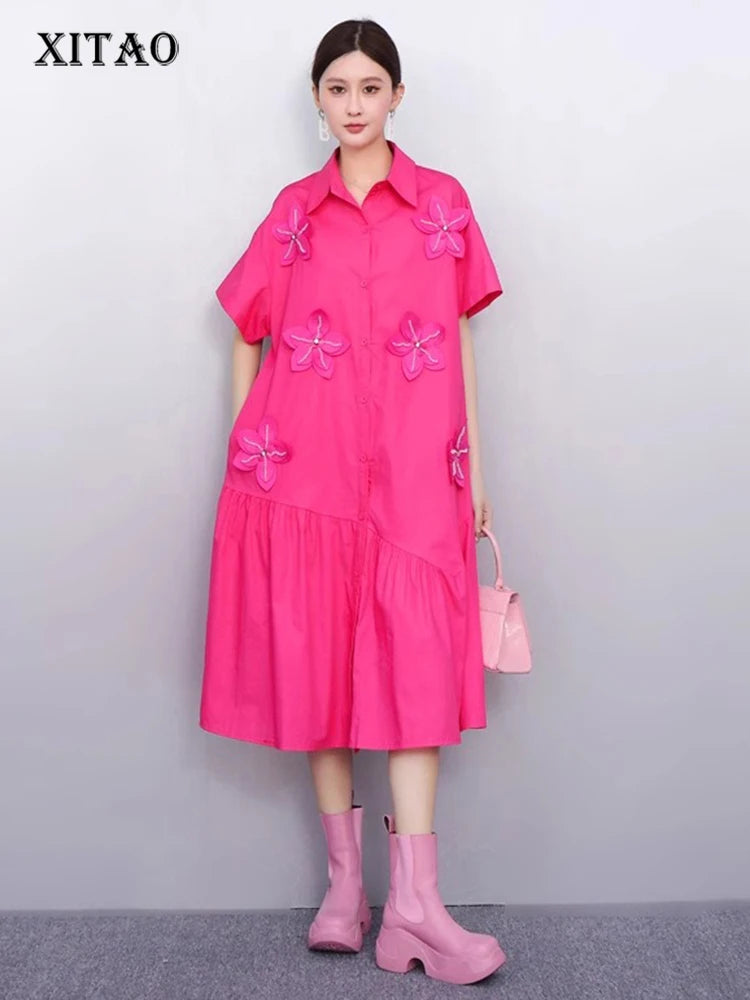 XITAO Solid Color Short Sleeve Dress Three-dimensional Decoration Turn-down Collar Loose Slimming Summer Woman Dress ZMY1398