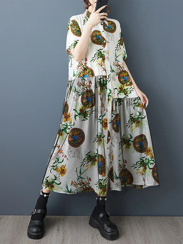 XITAO Gauze Patchwork Print Dress Turn-down Collar Loose Short Sleeve Casual Temperament Slimming Summer Woman Dress ZMY1293
