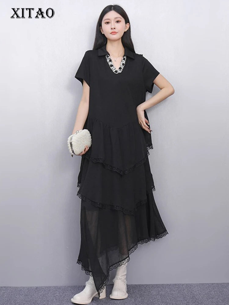 XITAO Irregular Patchwork Short Sleeve Dress V-neck Casual Loose Fitting A-line Elegant Comfortable Pullover Women Dress ZMY1340