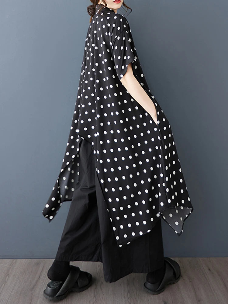 XITAO Asymmetric Single Breasted Short Sleeve Shirt Solid Color Dot Turn-down Collar Long Style Summer Women Blouse GYX1635