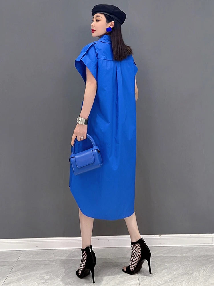 XITAO Irregular Casual Shirt Dress Fashion Personality Patchwork Women Loose Single Breasted A-line Simple Dress ZMY1076