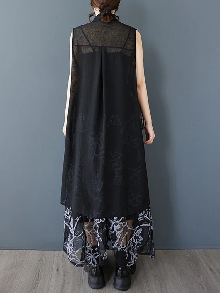XITAO Asymmetrical Patchwork Print Turn-down Collar Dress Set Casual A-line Loose Fitting Sleeveless Summer Women Set ZMY1285