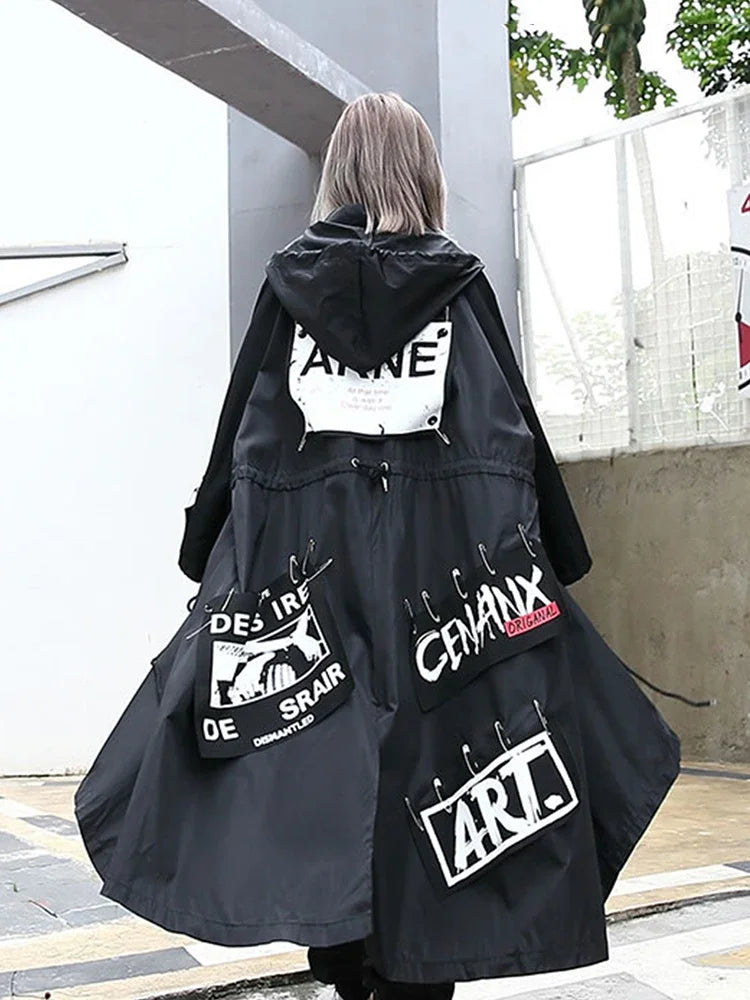 XITAO Spliced Black Trench For Women Tide Long Print Streetwear Hoodie Casual Female Wide Waisted Coat 2019 ZLL1100