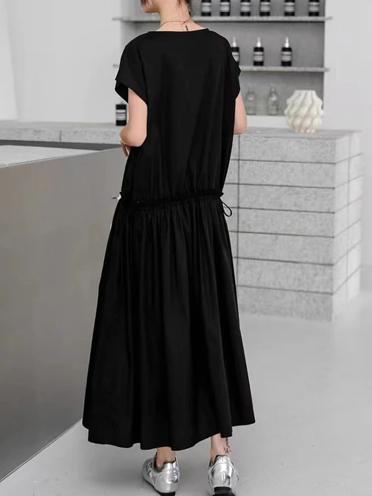 XITAO Pleated O-neck Edible Tree Fungus Female Dress Drawstring Solid Color Loose Fitting A-line Summer Women Dress ZMY1330