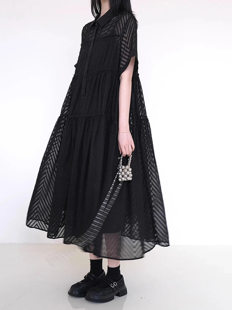 XITAO Loose Solid Color Hollow Out Dress Single Breasted Short Sleeve All-match New Arrival Temperament Woman Dress ZMY1261