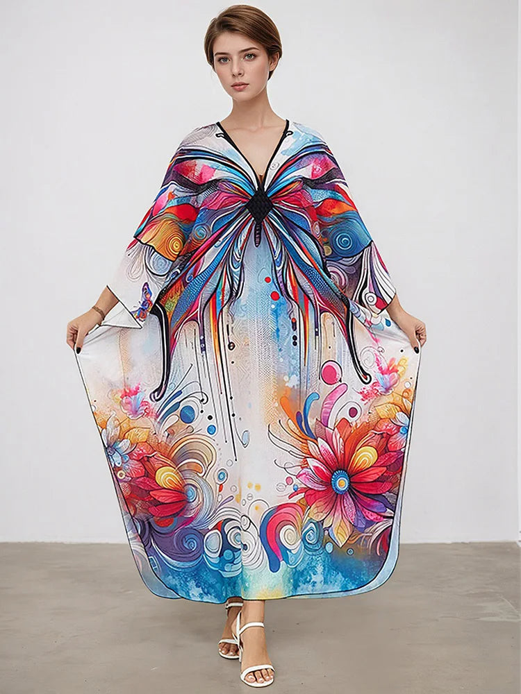 XITAO V-neck Ankle-length Dress New Arrival Contrast Color Butterfly Print Side Slit Bat Wing Sleeve Summer Woman Dress GJ1169
