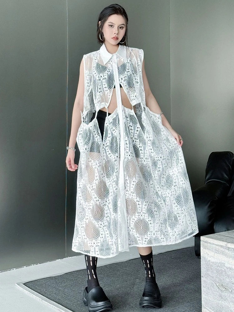 XITAO Lace Patchwork Sleeveless Dress Casual A-line Hollow Out Solid Color New Personality Turn-down Collar Women Dress GYX1661