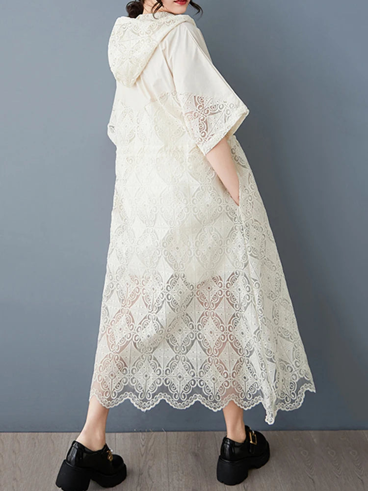 XITAO Hollow Out Hooded Collar Zipper Dress Fashion Patchwork Irregular A-line Women Summer Casual Elegant Dress HQQ2475