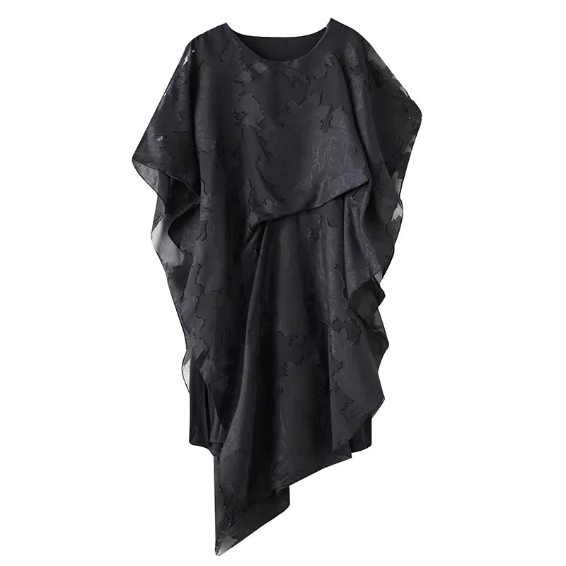 XITAO Jacquard Asymmetrical Folds Pullover Dress Solid Color O-neck Loose Temperament All Match Slimming Casual Dress ZMY1178