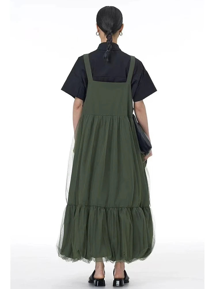 XITAO Button Gauze Patchwork Dress Solid Color Spaghetti Strap Square Collar Temperament Slimming Summer Woman Dress HQQ2495