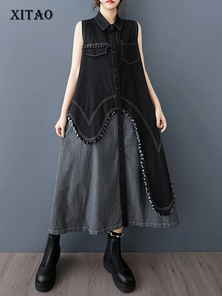 XITAO Contrast Color Sleeveless Pocket Patchwork Dress Single Breasted Turn-down Collar Loose A-line Vintage Slim Dress ZMY1050