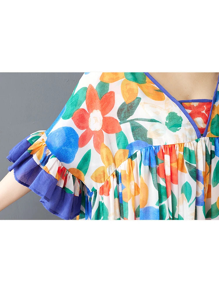 XITAO V-neck Print Patchwork Dress Edible Tree Fungus Slimming Elegant Small Fresh Loose Pleated Summer Woman Dress ZMY1256