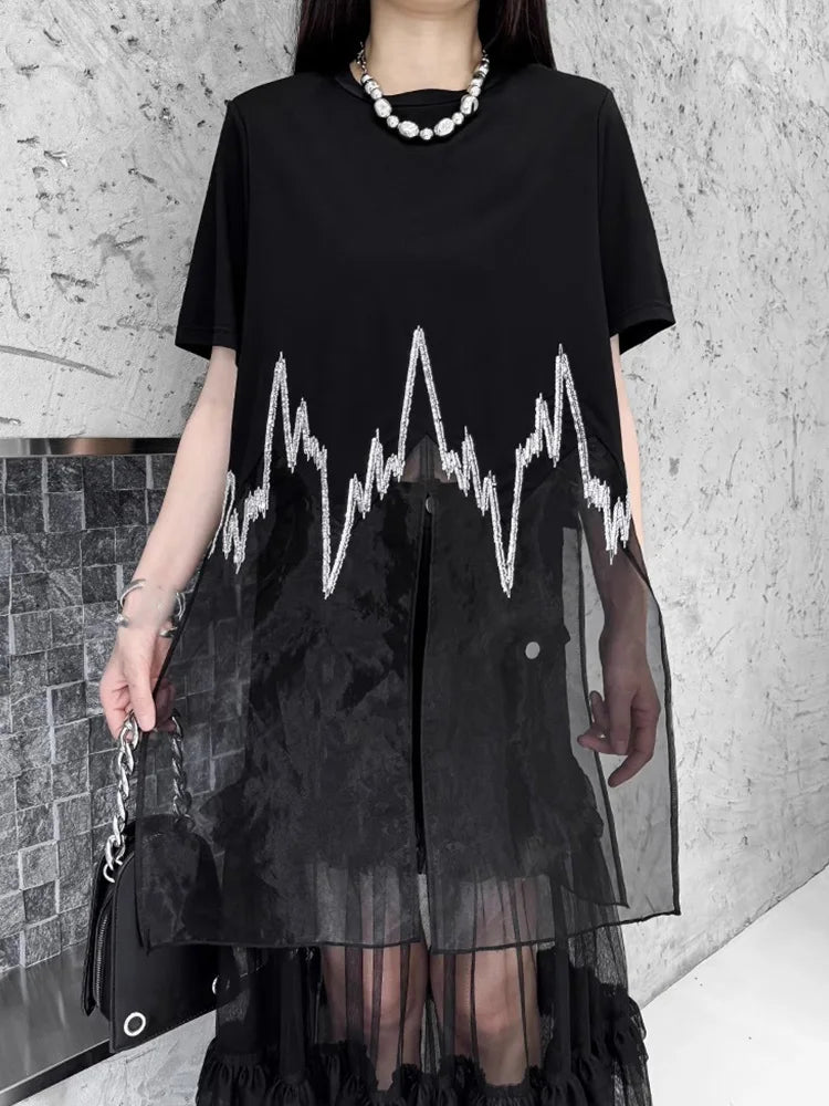 XITAO Patchwork Sequin Loose Dress Side Slit O-neck Short Sleeve Personality Perspective New Arrival Summer Woman Dress ZMY1324