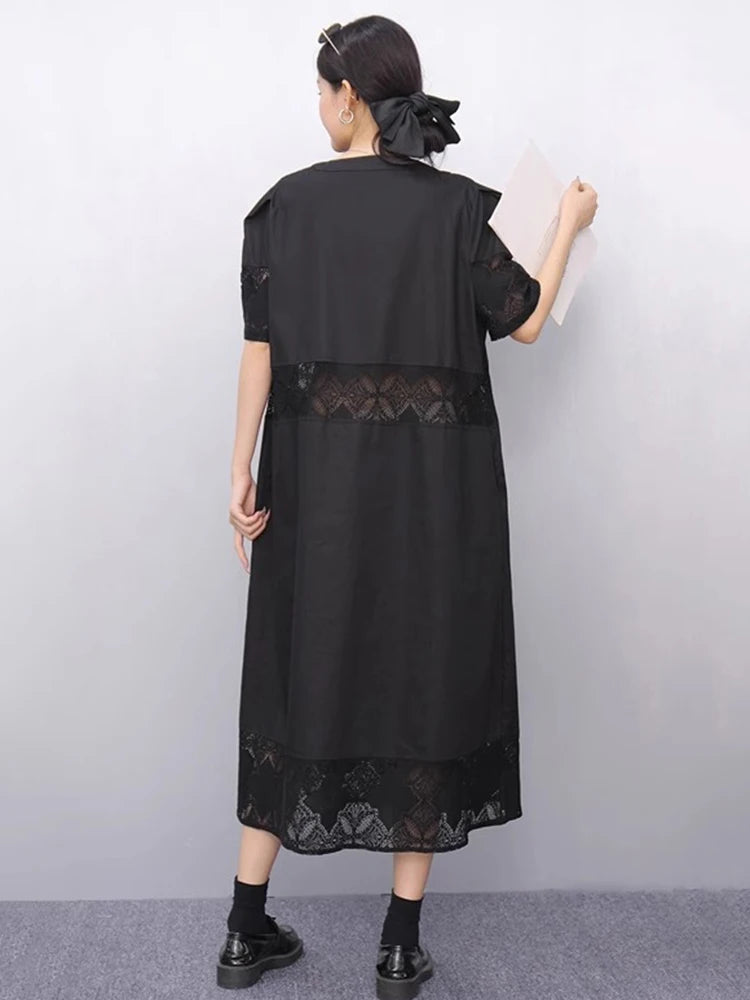 XITAO Hollow Out Patchwork Dress Loose Solid Color Elegant A-line Women Summer Temperament O-neck Short Sleeve Dress ZMY1155