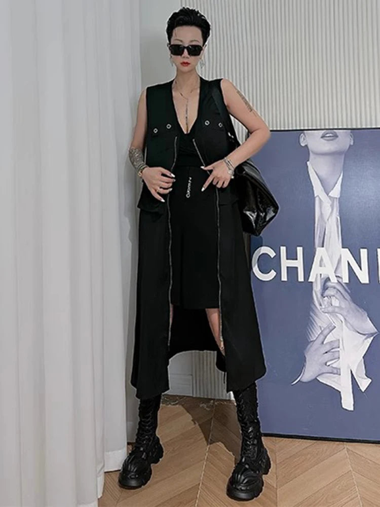 XITAO Pocket Zipper Sleeveless Dress Casual All Match Personality Fashion Black Series Summer Slimming Female Dress ZMY1327