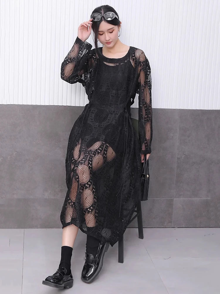 XITAO Loose Drawstring Hollow Out Dress Casual Long Sleeve Embroidery Trend Women Simple Temperament Elegant Dress HQQ2451