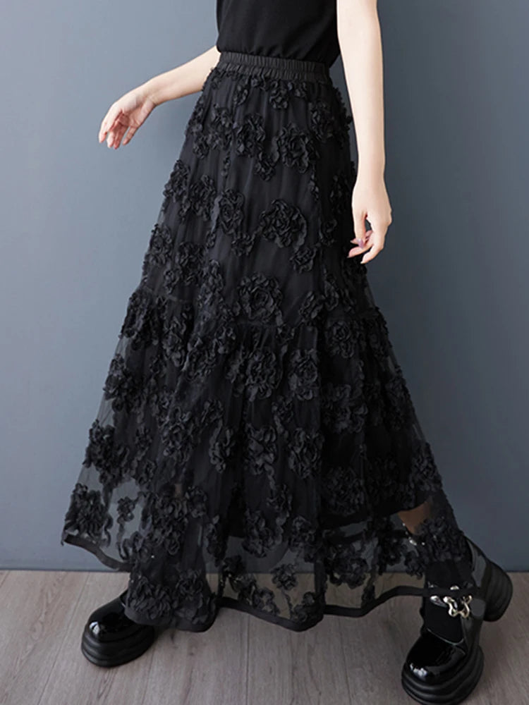 XITAO Mesh Patchwork Elastic Waist Skirt Casual Loose Fitting A-line Loose Fitting Fashion All Match Summer Women Skirt HQQ2471