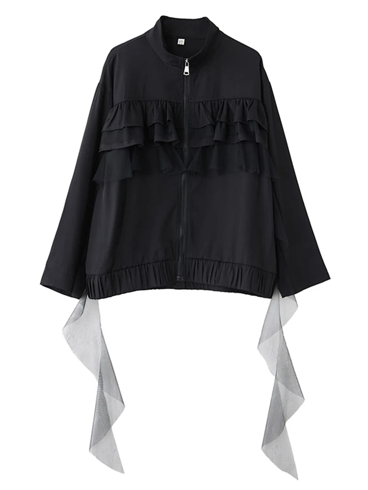 XITAO Gauze Contrast Color Ruffles Zipper Jacket Stand Collar Patchwork Loose Long Sleeve Temperament Casual Coat GYX1510