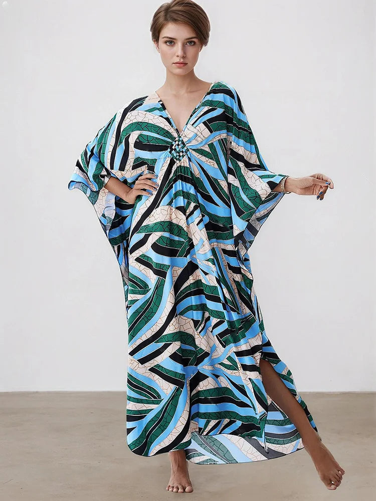 XITAO Beach Asymmetrical Print V-neck Dress Contrast Color Pullover Loose A-line Slimming Summer Woman Ankle-length Dress GJ1173