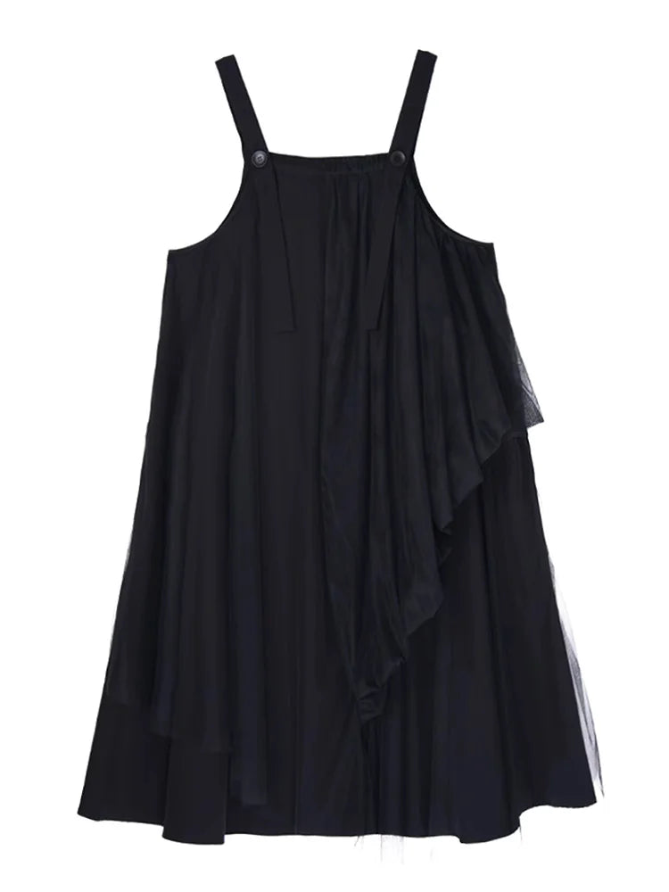 XITAO Gauze Patchwork Asymmetrical Dress Square Collar Solid Color Loose Slimming Sleeve Spaghetti Strap Casual Dress ZMY1306