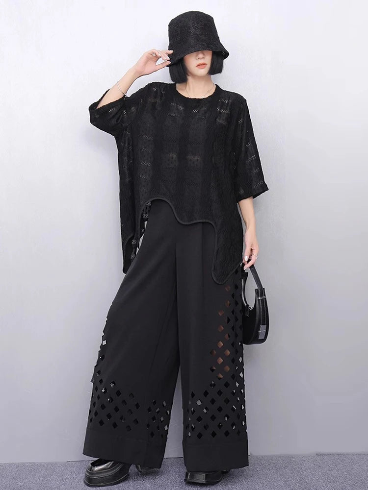 XITAO Irregular Hollow Out Embroidery T-shirt O-neck Half Sleeve Loose Temperament All-match Summer Woman T-shirt HQQ2488
