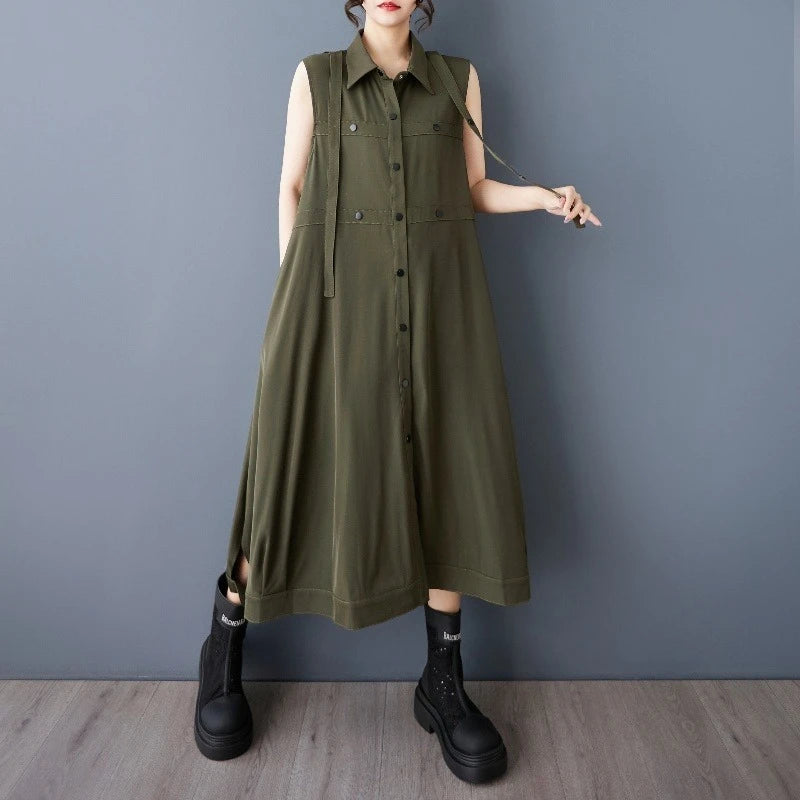 XITAO Single Breasted Sleeveless Dress Turn-down Collar Casual New Arrival Button Ribbon New Arrival Summer Women Dress ZMY1046