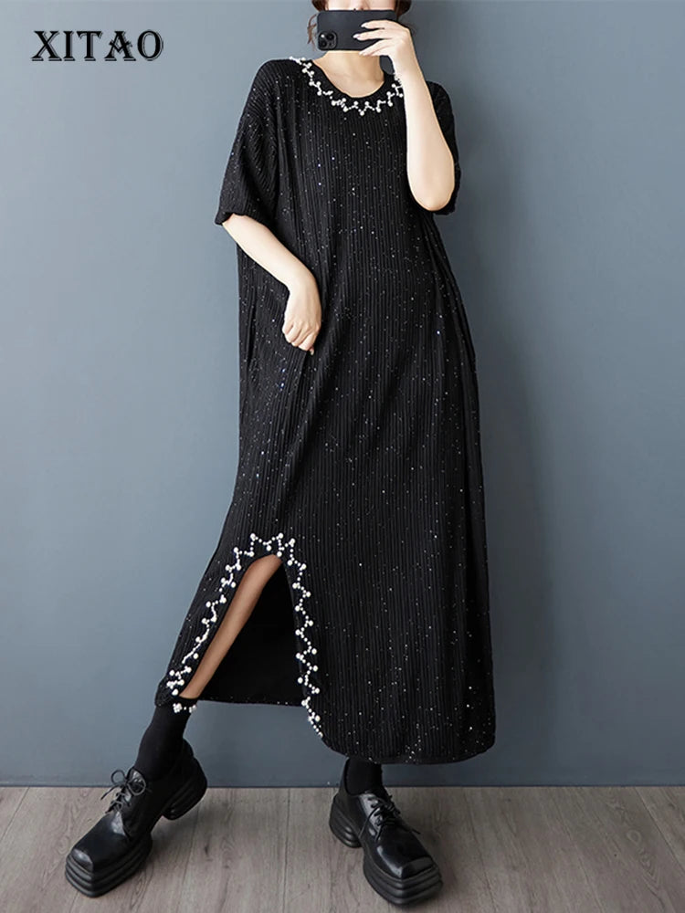 XITAO Vintage Asymmetric O-neck Dress Fashion Bead Patchwork Women Summer Solid Color Slimming Temperament Dress HQQ2481