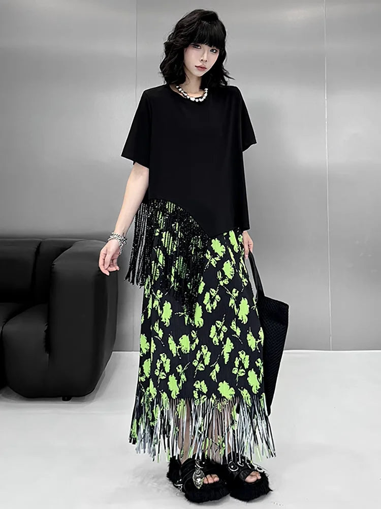 XITAO Tassel Patchwork Asymmetrical T-Shirts Solid Color O-neck Short Sleeve Pullover Fashion All Match Temperament Top ZMY1177