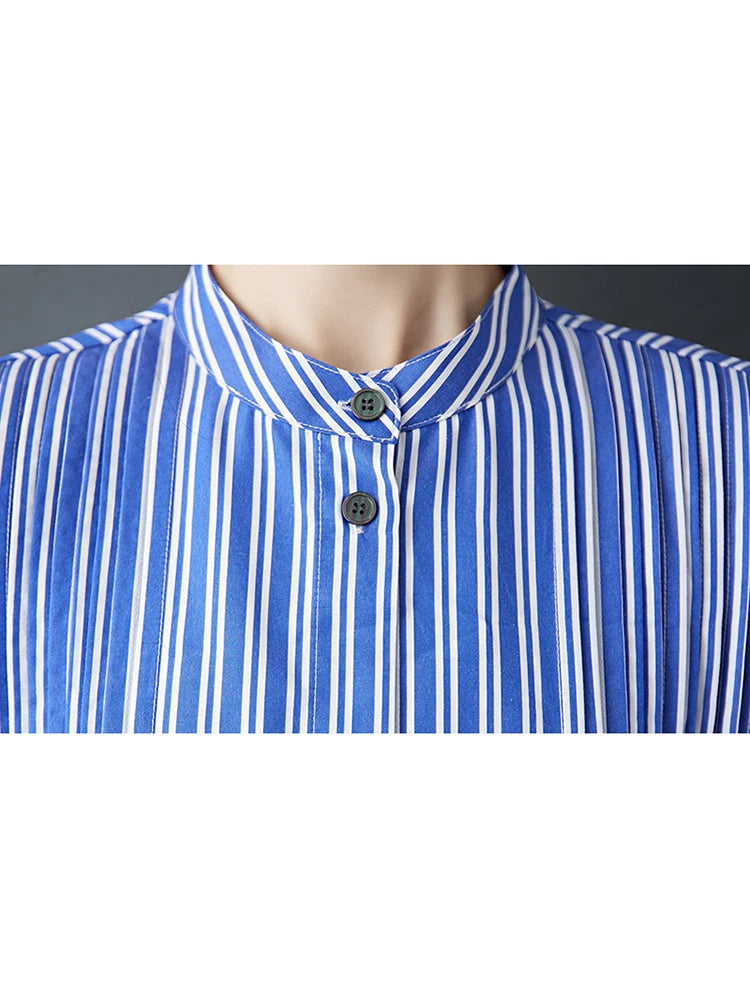 XITAO Contrast Color Striped Casual Dress Patchwork Single Breasted Stand Collar Vintage Side Slit Summer Woman Dress ZMY1365
