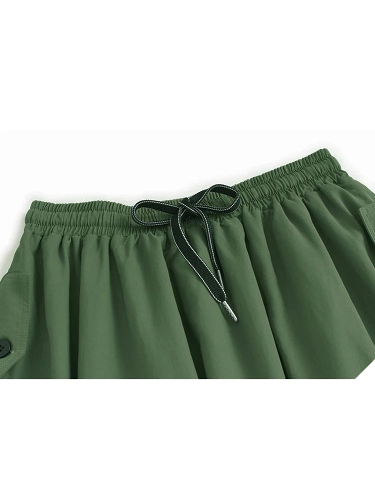 XITAO Pocket Pleated Drawstring Skirts Solid Color Button A-line Loose Casual Personality Slimming Summer Woman Skirts ZMY1301