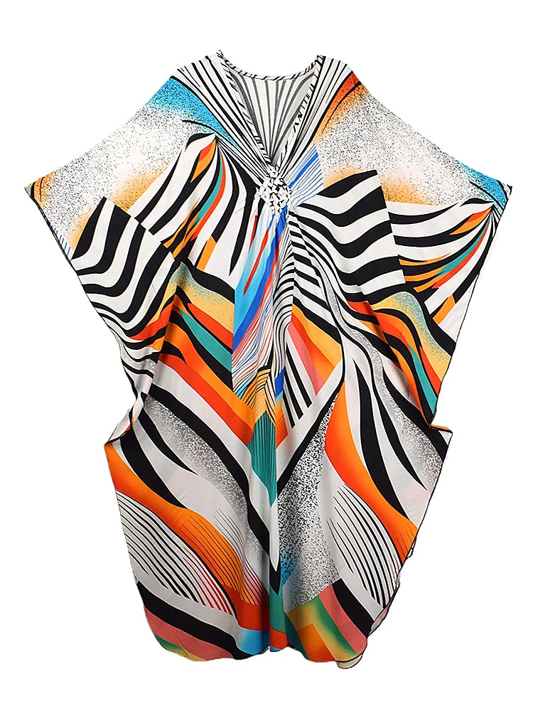 XITAO Batwing Sleeve Print Striped Dress Ankle-length Pullover V-neck Side Slit Slimming Summer Woman Loose Fashion Dress GJ1185