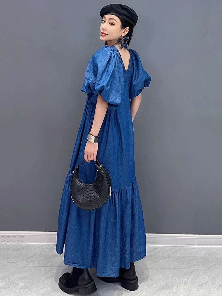 XITAO Pleated Patchwork Loose Denim Dress Puff Sleeve Solid Color Casual Vintage Personality Elegant Summer Woman Dress ZMY1278