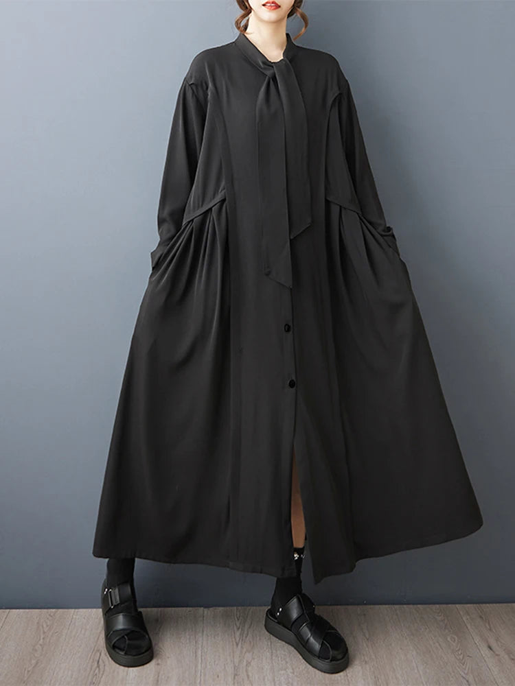 XITAO Drawstring Full Sleeve Vintage Dress Solid Color Single Breasted Loose Pocket Casual All-match Simple Woman Dress ZMY1407